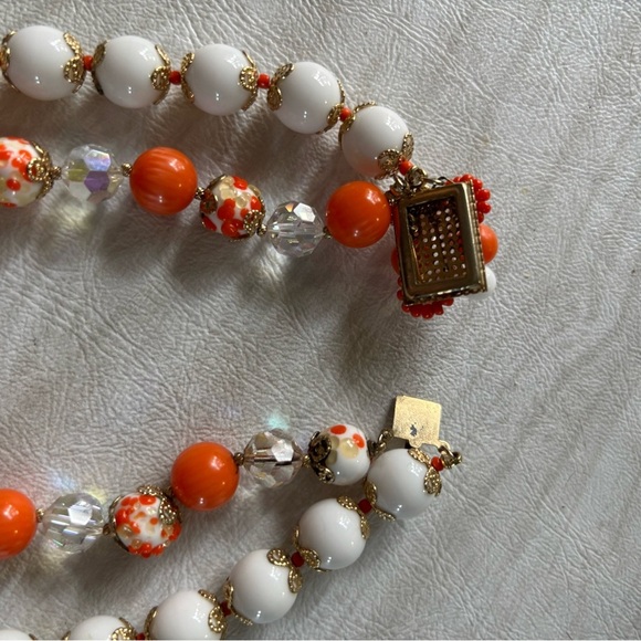 Vintage Wedding Cake Double Strand Glass Beads Orange Necklace - Picture 6 of 6